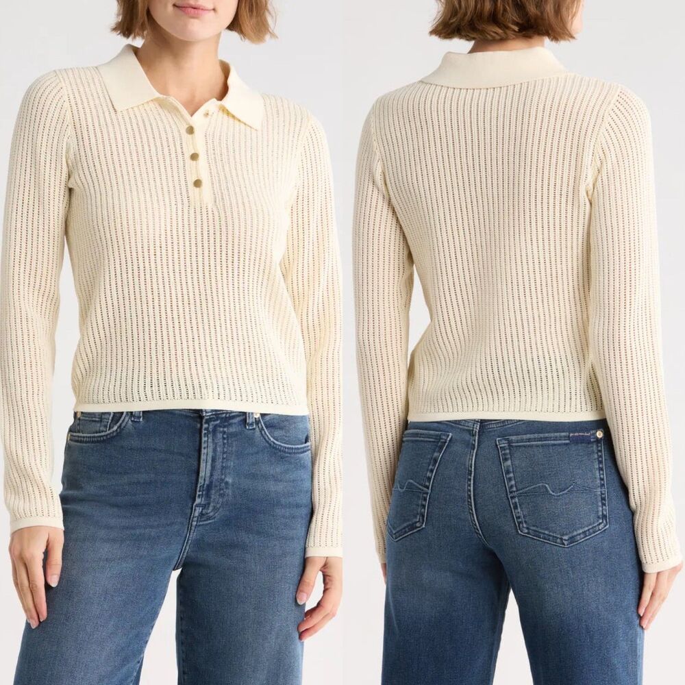 Rag & Bone Women Size M Ivory Vivi Pointelle Knit Polo Sweater Top Minimalist